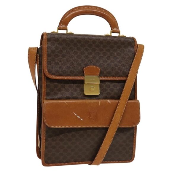 Authentic CELINE Macadam Canvas Shoulder Bag PVC Leather Brown Gold